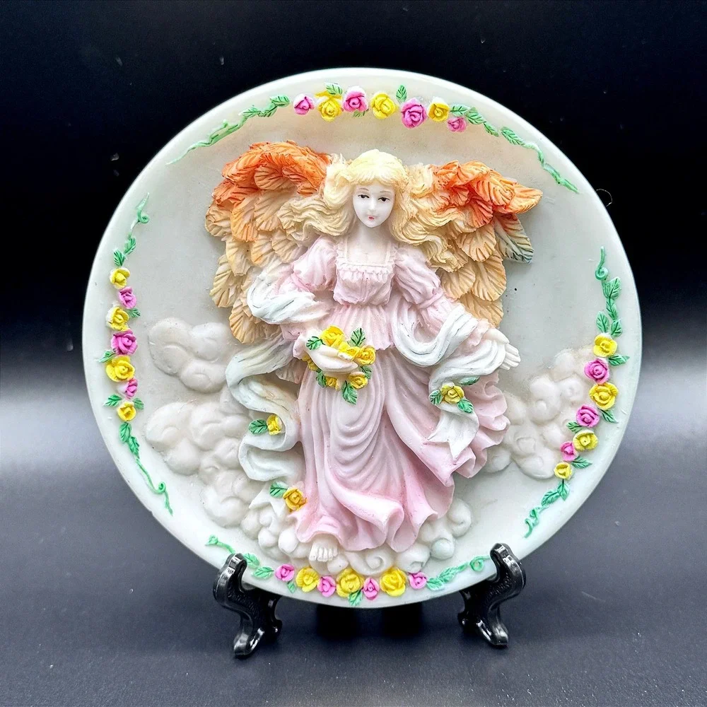 Vintage‎ Angel Shelf Sitter Ceramic Plaque Pastel Floral Roses Cottagecore Wings
